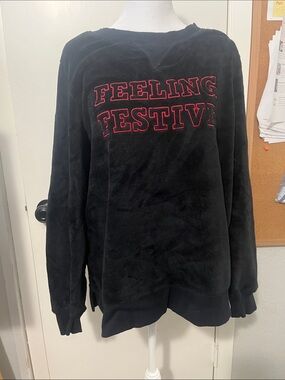 PINK Victoria's Secret Black Crewneck with Red 'FEELING FESTIVE' Embroidery